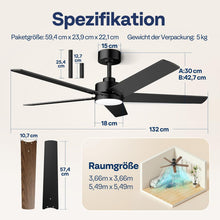 Laden Sie das Bild in den Galerie-Viewer, Deckenventilator mit LED Beleuchtung 132cm 6+1 Geschwindigkeiten Timer Leise Dimmbar Fernbedienung