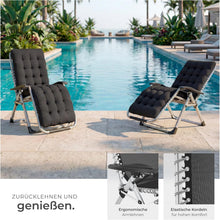 Laden Sie das Bild in den Galerie-Viewer, Sonnenliege Luxus klappbar, Liegestuhl, Gartenliege stufenlos verstellbar, Outdoor Sessel für Balkon oder Garten, Liege mit extra Dicker Auflage, Relaxliege belastbar bis 200kg - schwarz oder grau