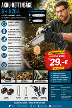 Laden Sie das Bild in den Galerie-Viewer, Sonderposten Mini-Akku-Kettensäge 6 und 8 Zoll. (2 Ketten-Längen). Inkl. 2 Li-Ion-Akkus und Ladestation.