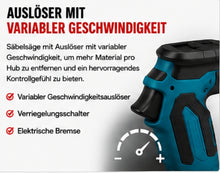 Laden Sie das Bild in den Galerie-Viewer, Sonderposten: Akku-Fuchsschwanz Säge 3000rpm mit 2 Akkus. Mit 4 Sägeblättern. Elektrische Reciprosäge (Säbelsäge)