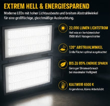 Laden Sie das Bild in den Galerie-Viewer, LED Baustrahler Flutlicht 200 Watt (2x100 Watt) mit Ständer. 230 Volt. IP66.