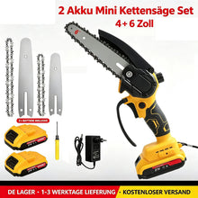 Laden Sie das Bild in den Galerie-Viewer, Sonderposten 29,- Euro: Mini-Akku-Kettensäge 4 und 6 Zoll. (2 Ketten-Längen). Inkl. 2 Li-Ion-Akkus und Ladestation.