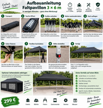 Laden Sie das Bild in den Galerie-Viewer, Faltpavillon wasserdicht. Pop Up. Mit 6 Seitenteilen. 3x6 Meter. Gartenzelt. Partyzelt. UV50+ Schutz. Einfaches Faltsystem.