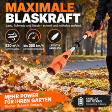 Laden Sie das Bild in den Galerie-Viewer, Faltbarer Akku-Laubbläser – ultraleicht, kompakt inkl. 2 Li-Ion-Akkus und Ladegerät.