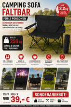 Laden Sie das Bild in den Galerie-Viewer, Campingsofa faltbar Camping Bank schwarz. Faltbar für 2 Personen. Nur 3,2 Kg. Immer dabei.