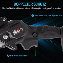 Laden Sie das Bild in den Galerie-Viewer, Schwarze Mini-Akku-Kettensäge 4 und 6 Zoll. (2 Ketten-Längen). Inkl. 2 Li-Ion-Akkus und Ladestation.