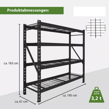 Laden Sie das Bild in den Galerie-Viewer, Schwerlastregal mit Gitterböden. 180 x 190 x 60 cm. Bis 3200 kg Traglast. Farbe schwarz.
