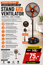 Laden Sie das Bild in den Galerie-Viewer, Standventilator Ventilator 45 cm, 50 Watt oszillierend